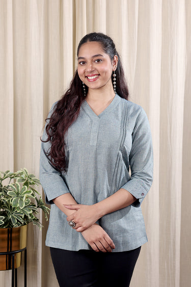 Grey Yarn Dyed South Cotton Women Kurti Long Sleeves WKILS252C76