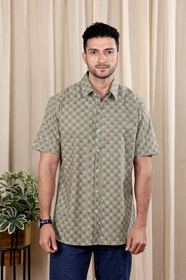 Military Green Sanganeri Cotton Flax Men Shirt Half Sleeves MSHHS252C11