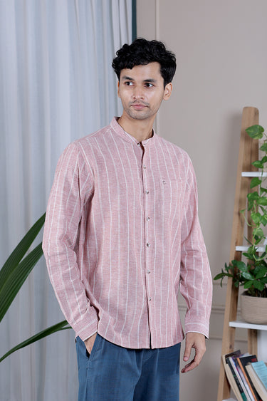 Burnt Brick Stripes Natural Cotton Linen Men Shirt