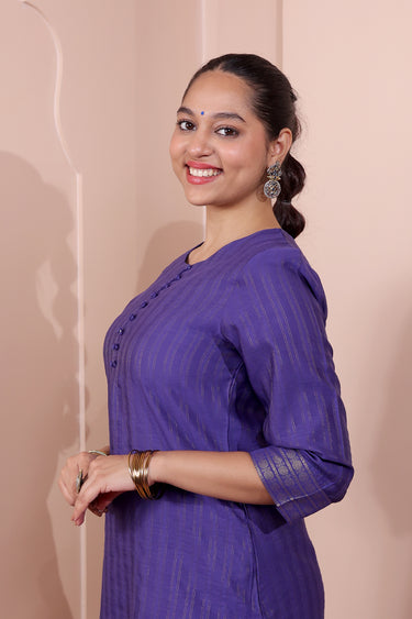 Royal Indigo Zari Stripes Chanderi Silk Women Long Kurta