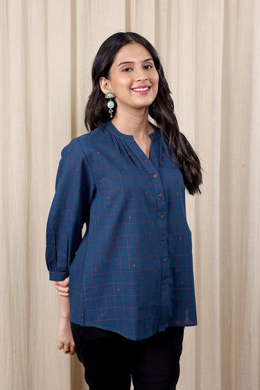 Blue Dobby South Cotton Women Short Top Long Sleeves WSTLS252C3