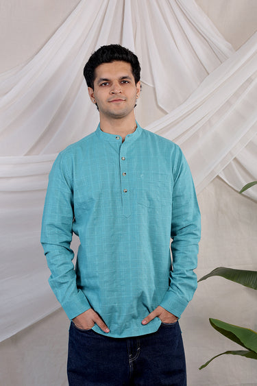 Teal Blue Dobby Checks Natural Cotton Linen Men Short Kurta