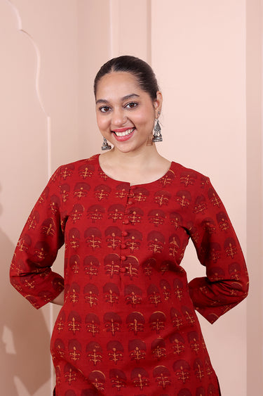 Rust Dhabu Cotton Women Long Kurta