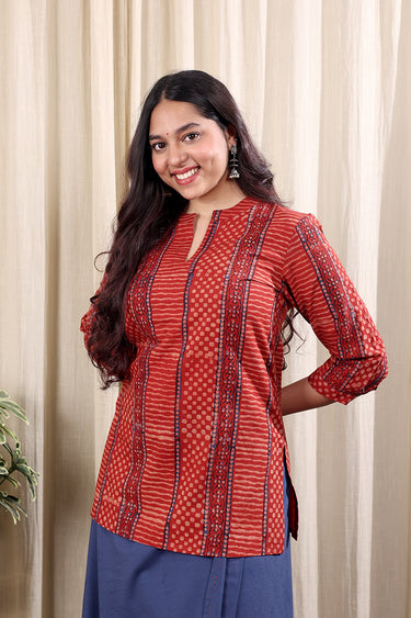 Rust Dhabu Cotton Women Kurti Long Sleeves WKILS252C87