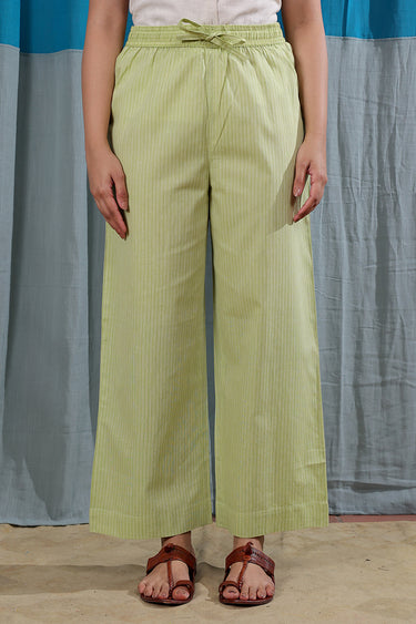 Muted Lime Stripes South Cotton Women Flared Pant