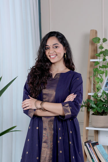Indigo Blue Zari Dobby South Cotton Women Ankle Kurta