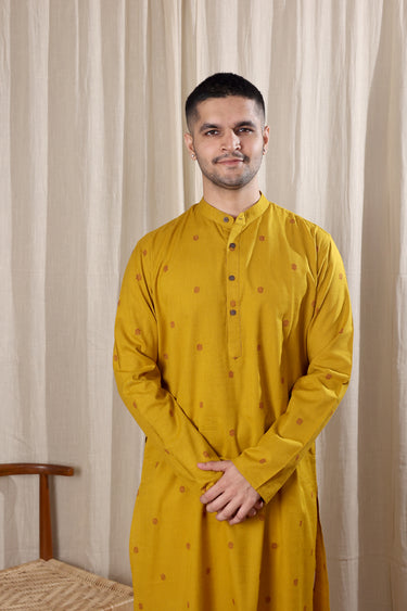 Mustard Dobby South Cotton Men Long Kurta Full Sleeves MLKFS252C4