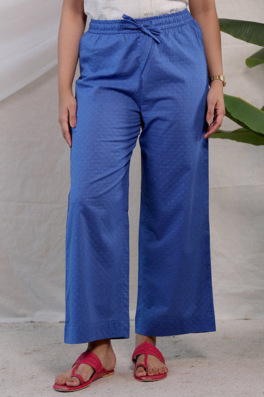 Blue Dyed Cotton Dobby Women Flared Pant