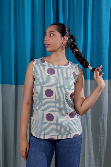 Teal Blue Sanganeri Natural Cotton Linen Women Short Top Sleeveless WSTSL12253