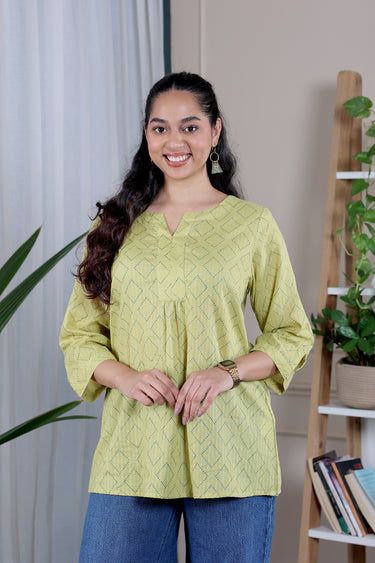 Olive Green Sanganeri Cotton Dobby Women Kurti
