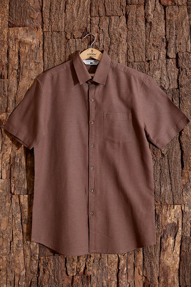 Raw Brown Yarn Dyed Cotton Flax Men Shirt Half Sleeves MSHHS253C10