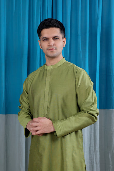 Pista Green Stripes Zari Chanderi Silk Men Long Kurta
