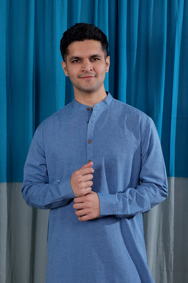 Ocean Blue Yarn Dyed South Cotton Flax Men Long Kurta