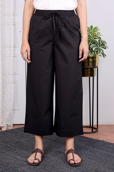 Black Dyed Cotton Flax Women Flared Pant