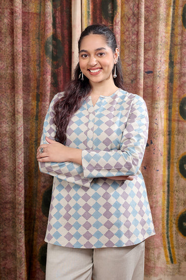 Purple Blue Sanganeri Cotton Linen Women Kurti Long Sleeves WKILS253C27