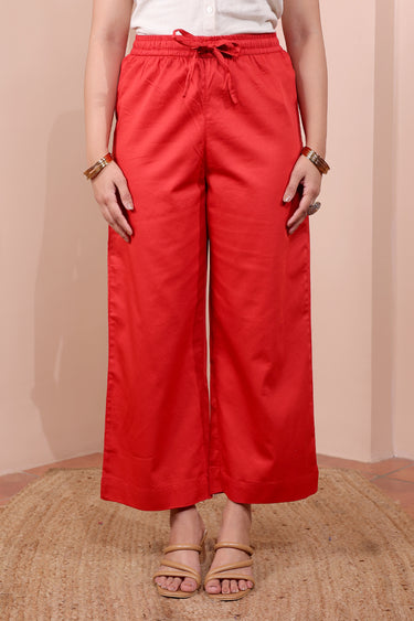 Red Hand Dyed Cotton Satin Women Flared Pant WFLPT252C90