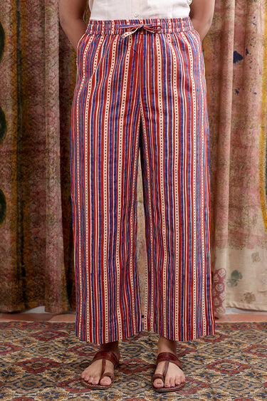 Rust Blue Bagru Cotton Flax Women Flared Pant WFLPT252C75