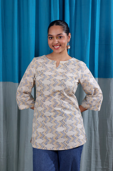 Ivory Sanganeri Natural Cotton Linen Women Kurti Long Sleeves WKILS122511