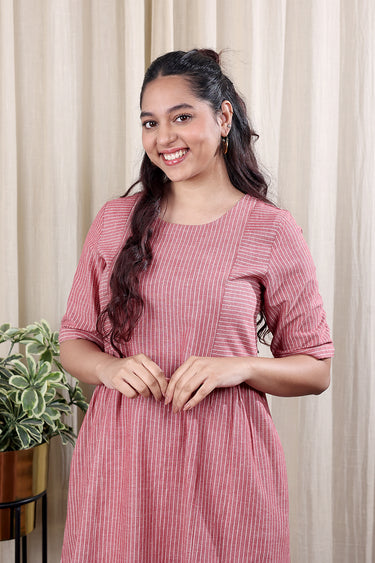 Maroon Stripes Cotton Flax Women Midi Dress Long Sleeves WDRLS252C27