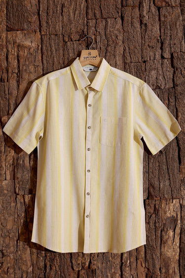 Yellow Stripes Cotton Linen Men Shirt Half Sleeves MSHHS253C5