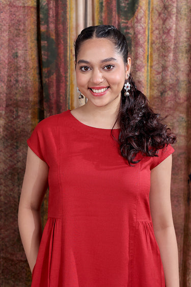 Red Hand Dyed Cotton Viscose Blend Women Midi Dress Short Sleeves WDRSS253C5