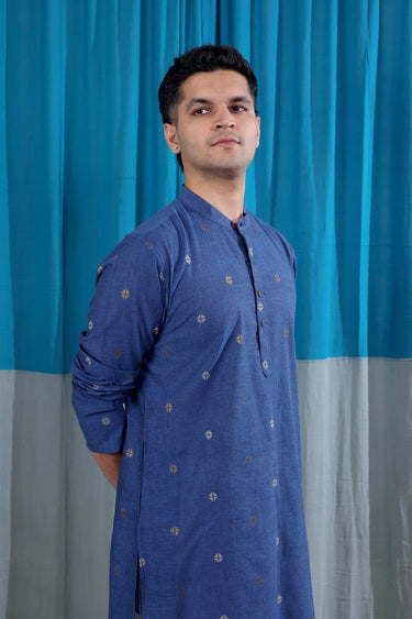 Dark Blue Zari Buti South Cotton Men Long Kurta