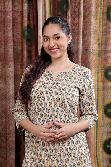 Green Bagru Cotton Flax Women Long Kurta Long Sleeves WLKLS253C29