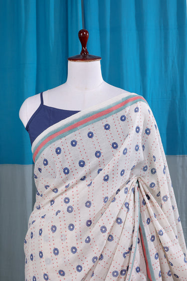 Blue Peach Sanganeri Mul Cotton Linen Saree