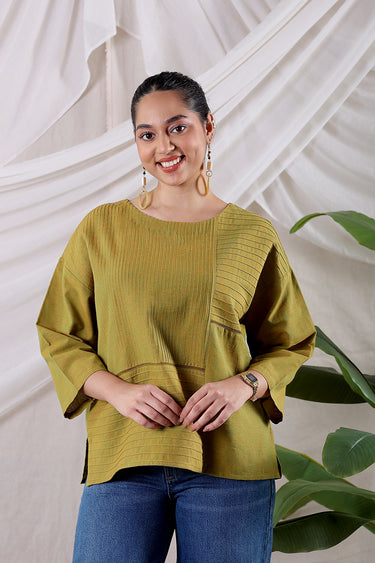 Olive Yarn Dyed Fine Cotton Flax Women Short Top