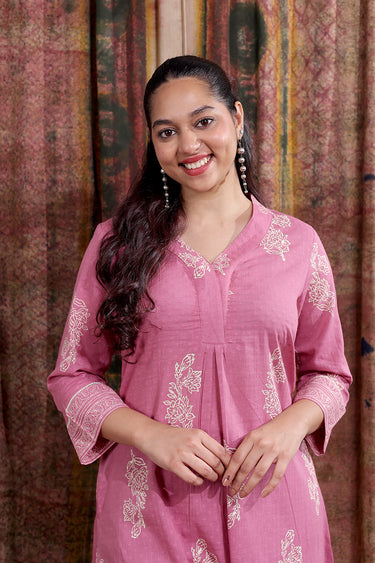 Wine Sanganeri Cotton Dobby Women Long Kurta Long Sleeves WLKLS253C60