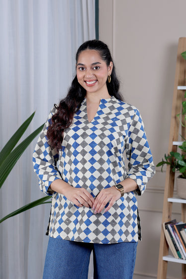 Blue Grey Bagru Lite Cotton Flax Women Kurti