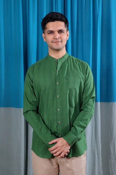 Forest Green Dobby Stripes Natural Cotton Linen Men Shirt Full Sleeves MSHFS12252