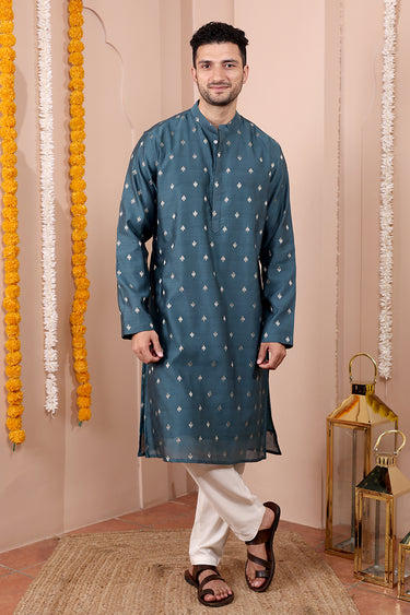 Teal Blue Jaquard Banarasi Silk Men Long Kurta Full Sleeves MLKFS252C57
