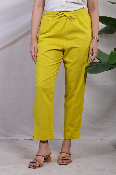 Gold Yellow Dyed Natural Cotton Linen Women Ankle Pant