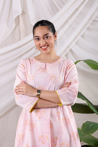 Pink Yellow Sanganeri Cotton Dobby Women Long Kurta