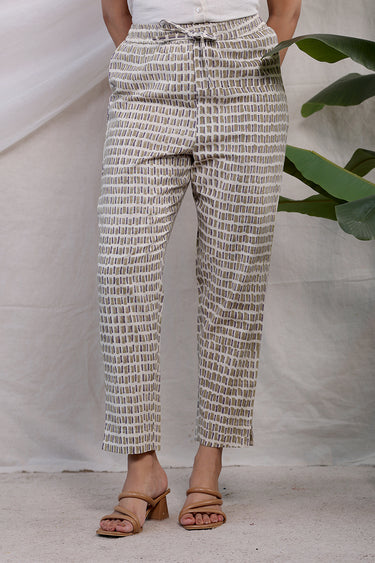 Brown Purple Sanganeri Natural Cotton Linen Women Ankle Pant