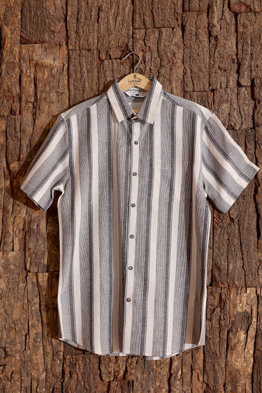 Black Stripes Cotton Linen Men Shirt Half Sleeves MSHHS253C6