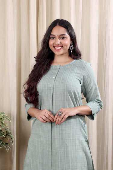 Sea Green Stripes South Cotton Women Long Kurta Long Sleeves WLKLS252C135