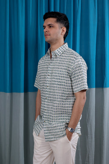 Green Blue Sanganeri Natural Cotton Linen Men Shirt