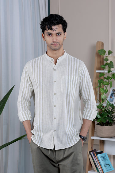 Sage Green Stripes Natural Cotton Linen Men Shirt