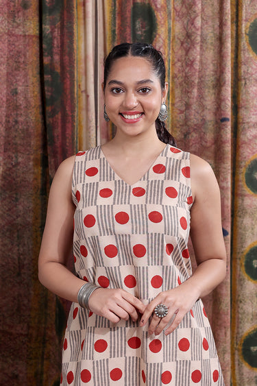 Red Grey Bagru Cotton Flax Women Midi Dress Sleeveless WDRSL12252