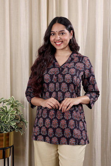 Black Ajrakh Cotton Modal Women Kurti Long Sleeves WKILS252C92