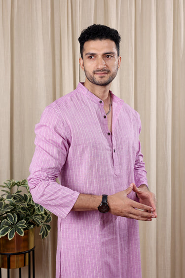 Purple Dobby Stripes South Cotton Men Long Kurta Full Sleeves MLKFS252C45