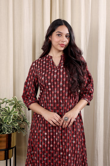 Brick Red Dhabu Cotton Checks Women Midi Dress Long Sleeves WDRLS252C23