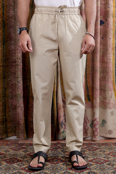 Beige Hand Dyed Cotton Linen Men Drawstring Pant MDSPT252C6