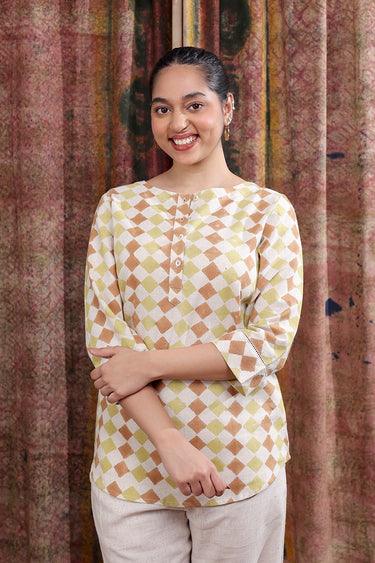 Brown Olive Sanganeri Cotton Linen Women Kurti Long Sleeves WKILS253C12