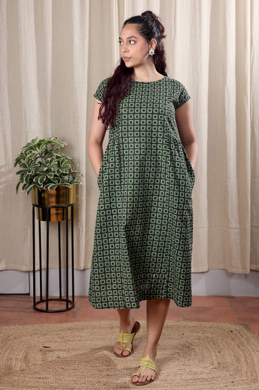 Military Green Bagru Cotton Slub Women Midi Dress Short Sleeves WDRSS252C3