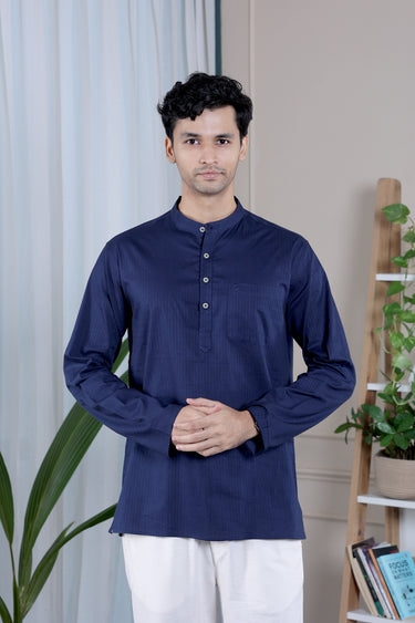 Midnight Blue Dyed Cotton Misdent Men Short Kurta