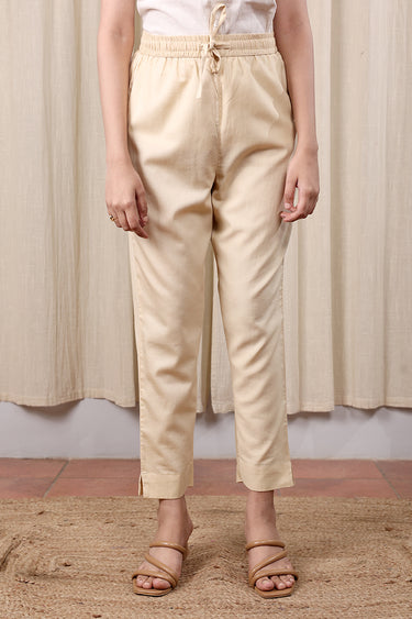 Beige Hand Dyed Cotton Satin Women Ankle Pant WAKPT252C34
