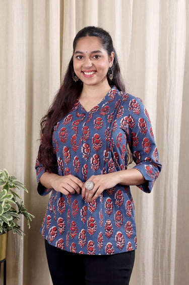 Indigo Dhabu Cotton Women Kurti Long Sleeves WKILS252C54